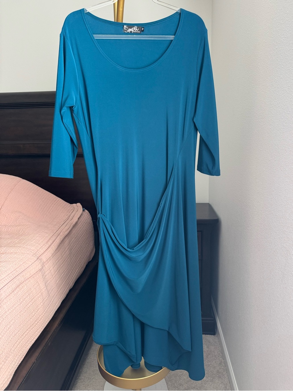 Sympli Teal Asymmetrical Drape Midi Dress Size 12 Made in Canada - Picture 3 of 15